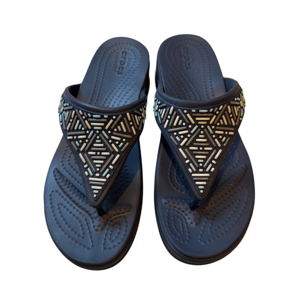 Crocs Flip Flops Thong Sandals‎ Dual Comfort Geometric Navy Blue Women's 9